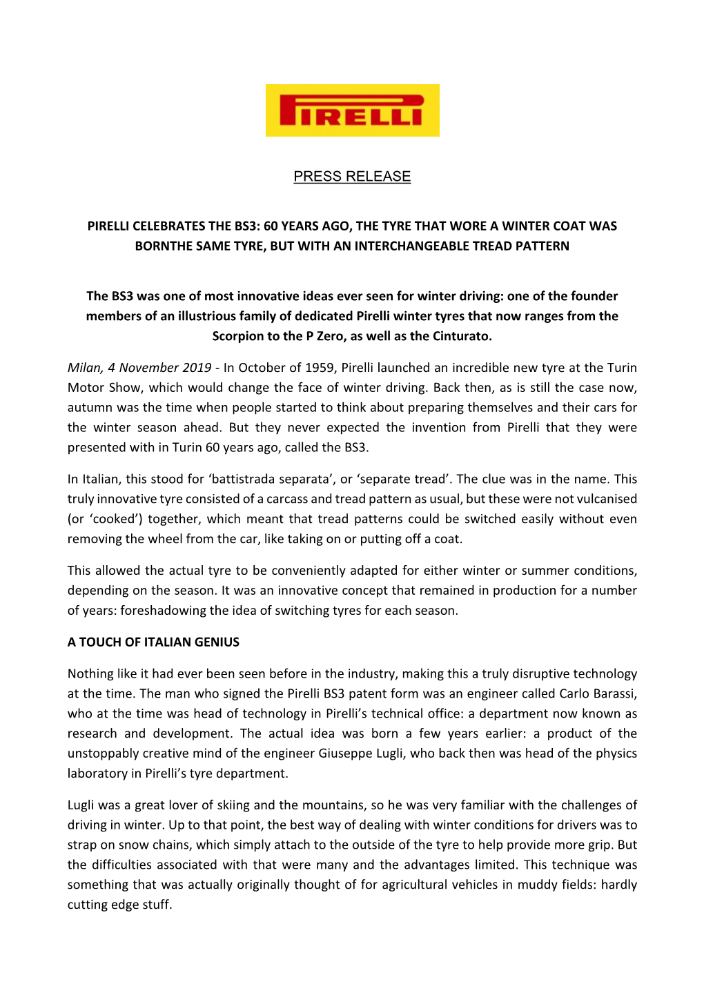Press Release Pirelli Celebrates the Bs3: 60