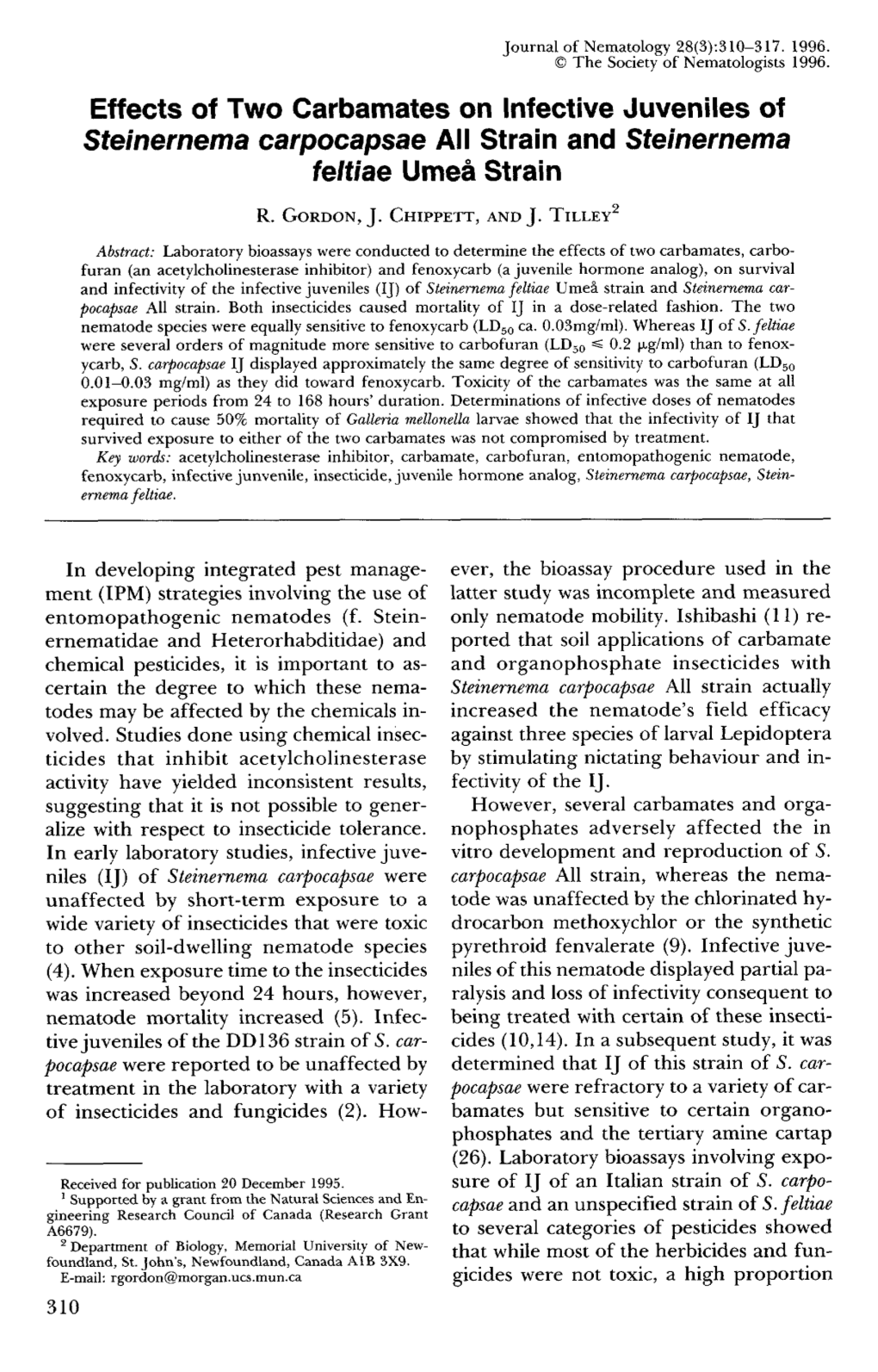 Effects of Two Carbamates on Infective Juveniles of Steinernema Carpocapsae All Strain and Steinernema Feltiae Umefi Strain