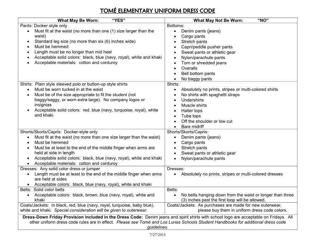 Tomé Elementary Uniform Dress Code