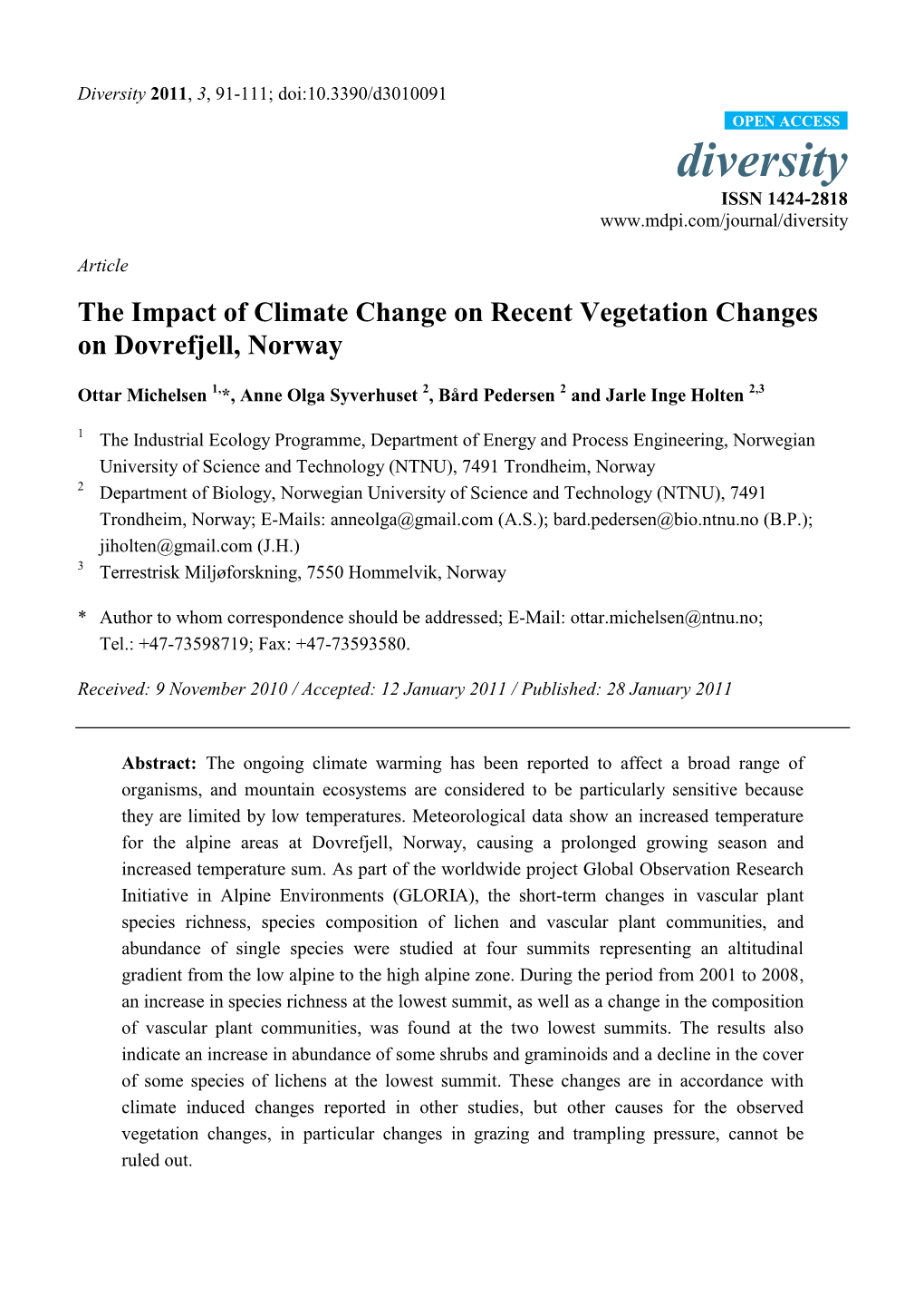 The Impact of Climate Change on Recent Vegetation Changes on Dovrefjell, Norway