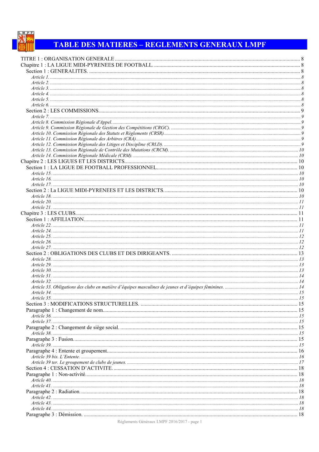 Règlements Généraux LMPF 2016-2017