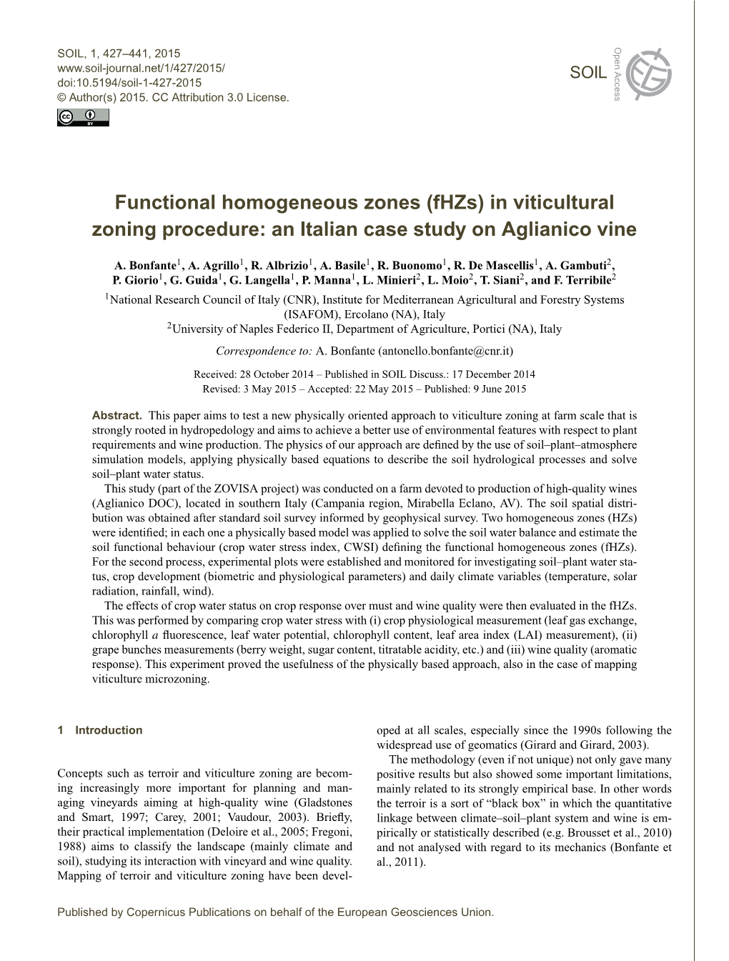 Functional Homogeneous Zones (Fhzs) in Viticultural Zoning Procedure: an Italian Case Study on Aglianico Vine