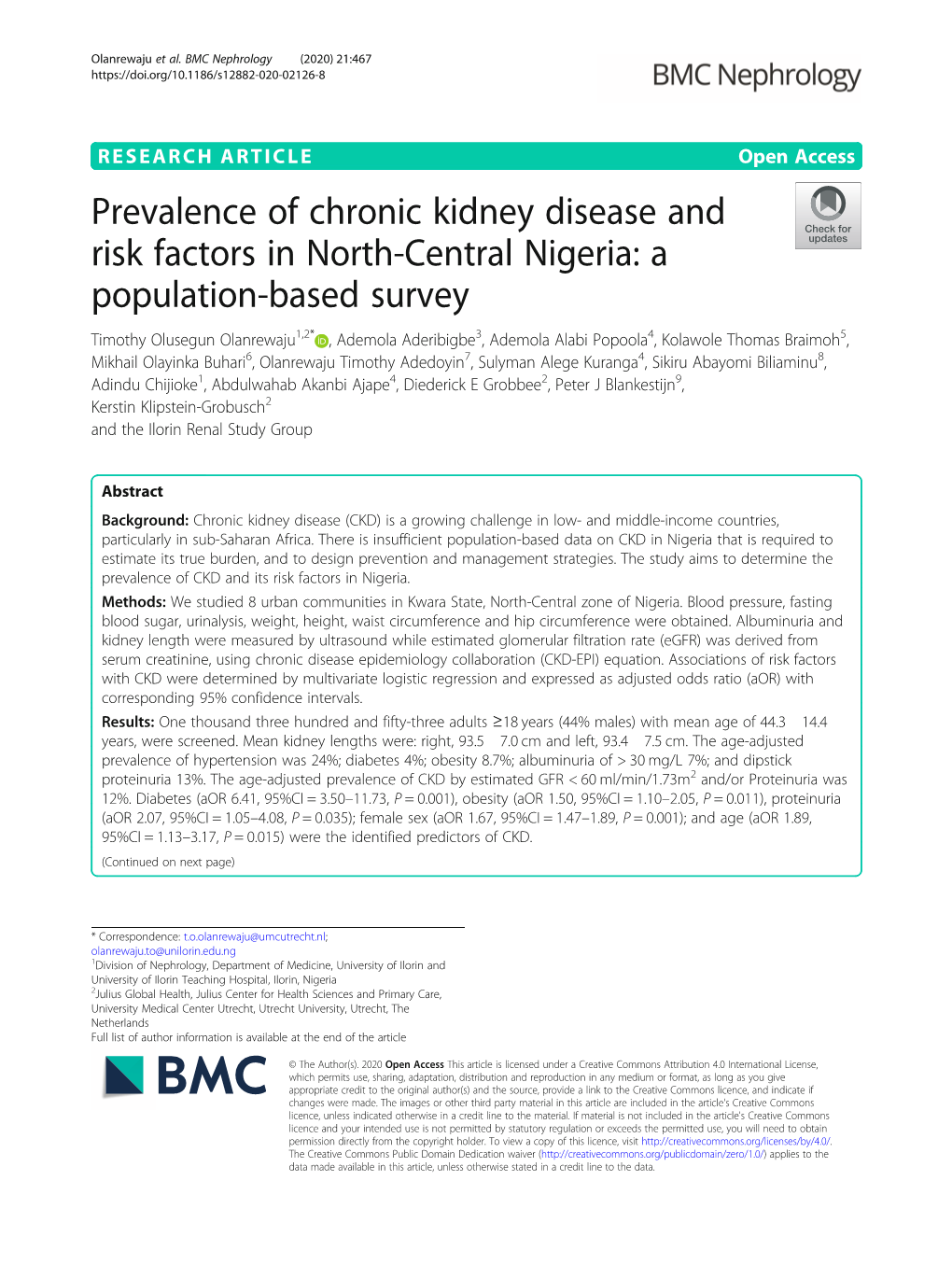 Prevalence of Chronic Kidney Disease and Risk Factors in North-Central