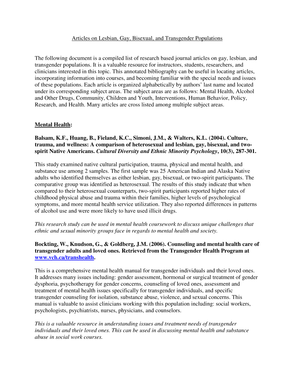 Articles on Lesbian, Gay, Bisexual, and Transgender Populations The