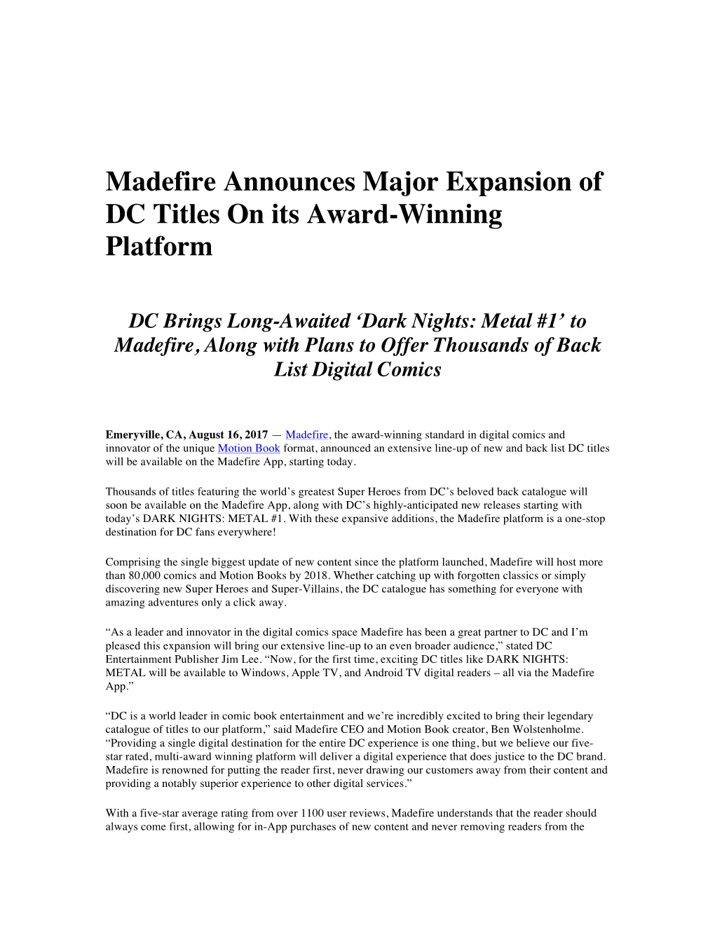 Madefire Announces Major Expansion of DC Titles on Its Award-Winning Platform