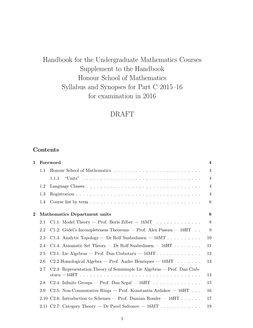 Handbook for the Undergraduate Mathematics Courses Supplement