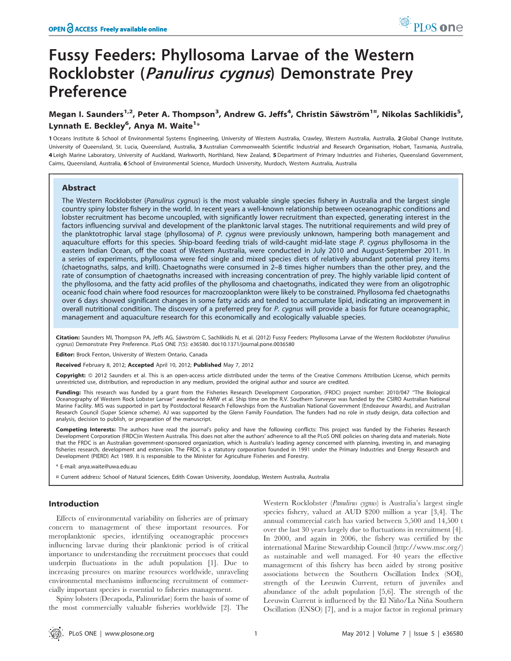 Fussy Feeders: Phyllosoma Larvae of the Western Rocklobster (Panulirus Cygnus) Demonstrate Prey Preference