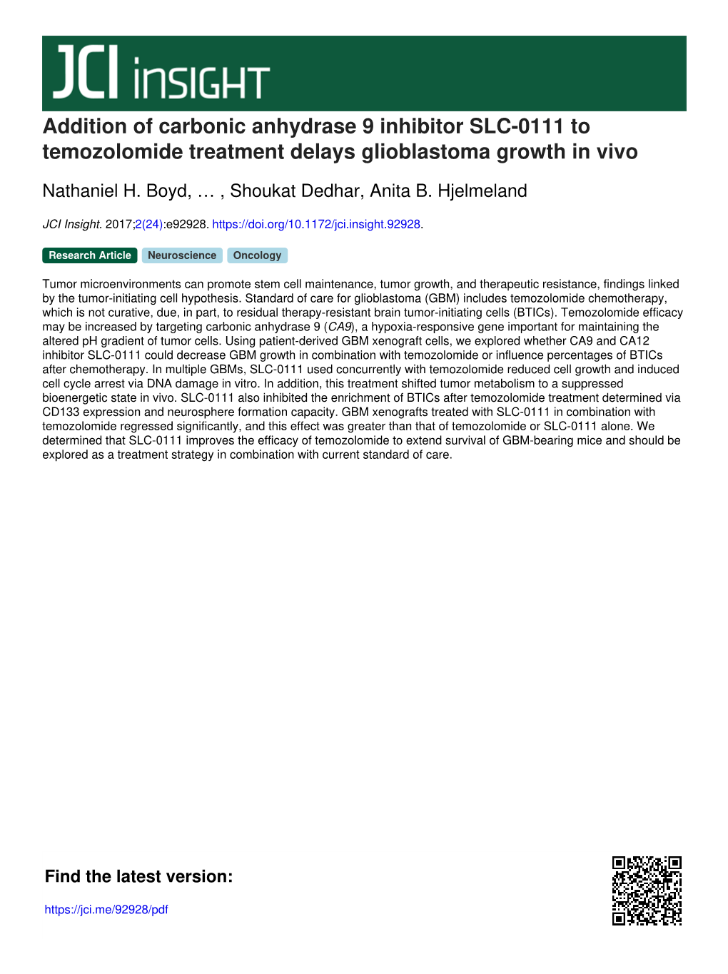 Addition of Carbonic Anhydrase 9 Inhibitor SLC-0111 to Temozolomide Treatment Delays Glioblastoma Growth in Vivo