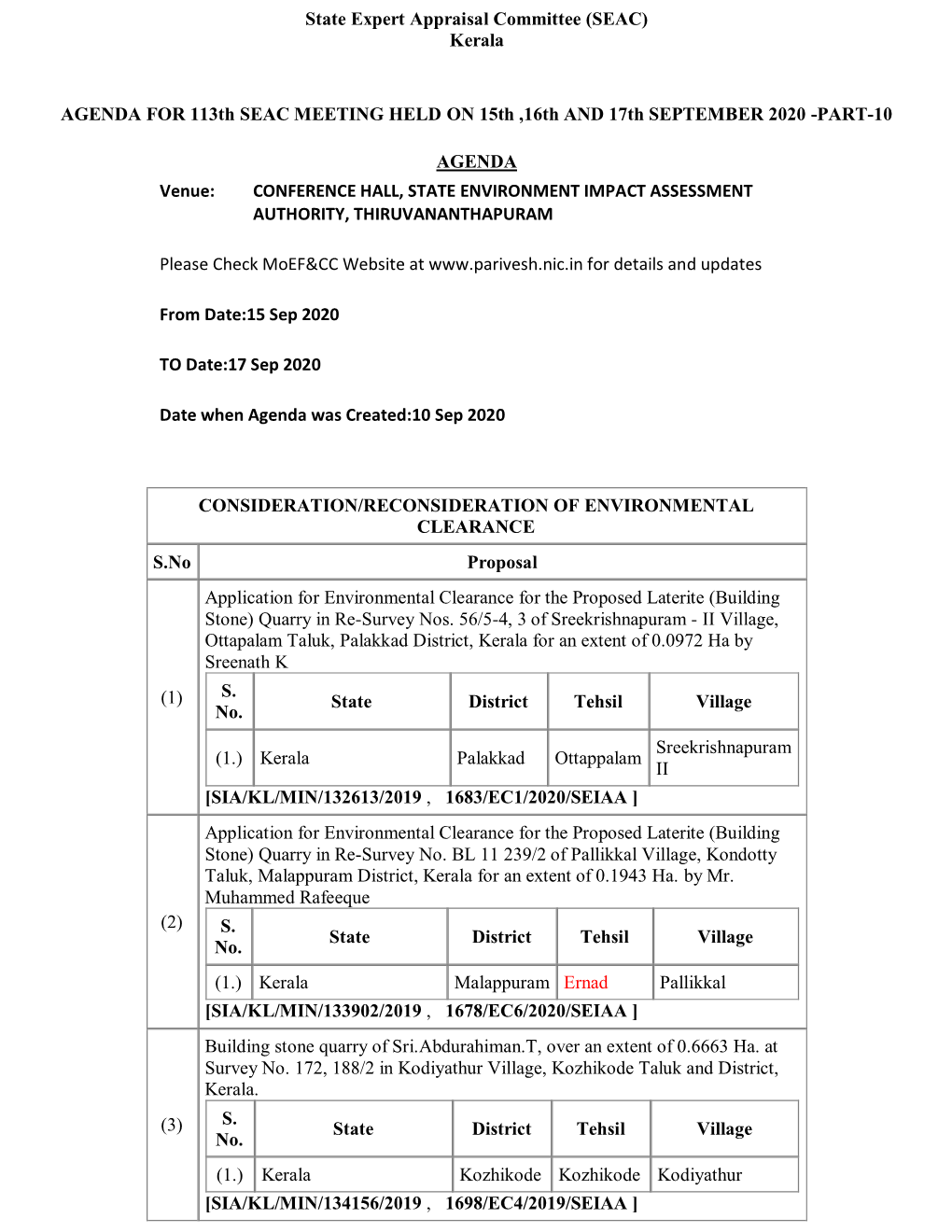 State Expert Appraisal Committee (SEAC) Kerala AGENDA FOR