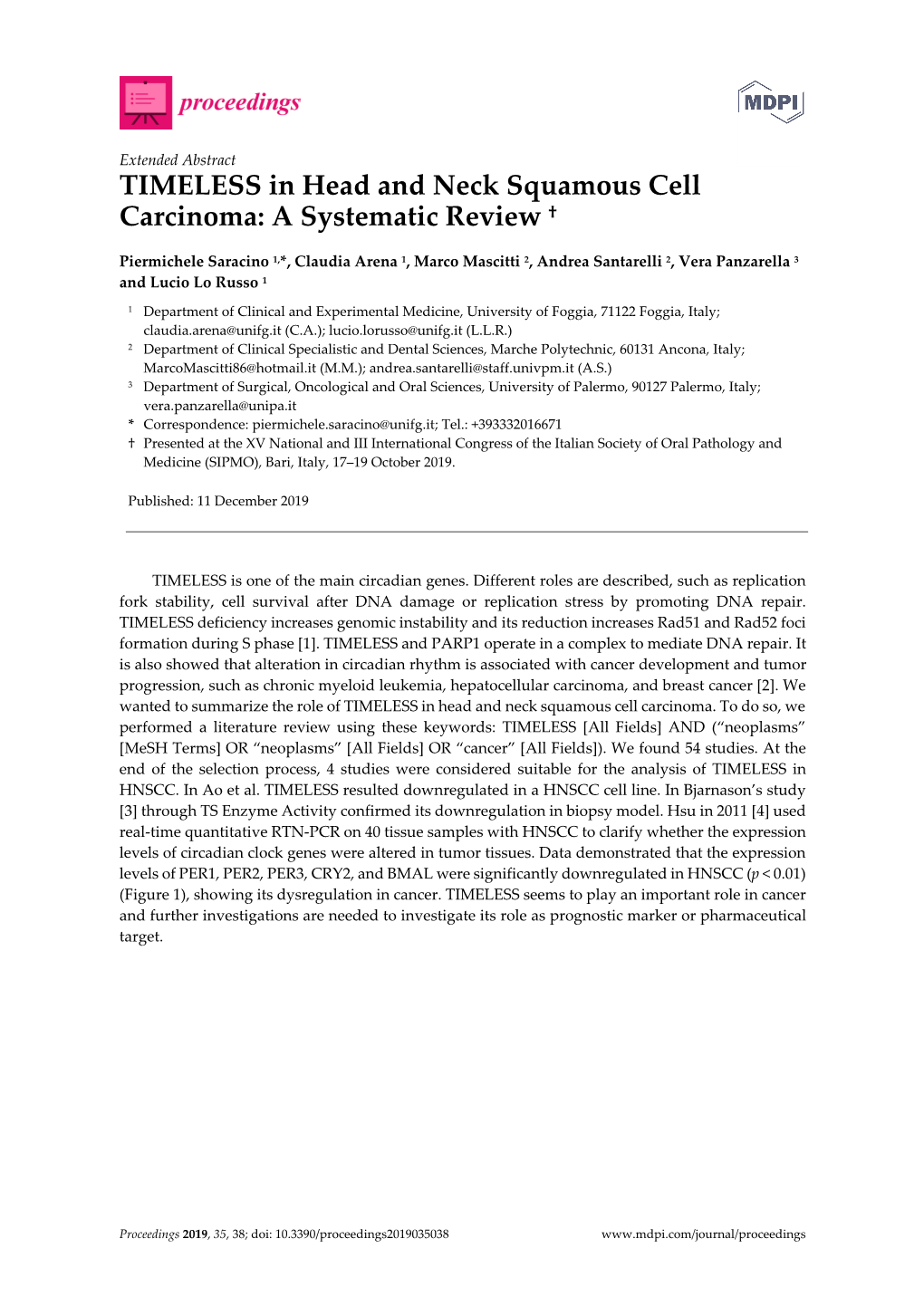 TIMELESS in Head and Neck Squamous Cell Carcinoma: a Systematic Review †