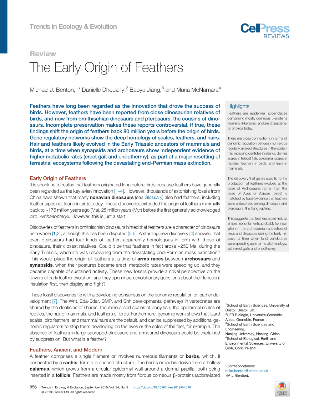 The Early Origin of Feathers