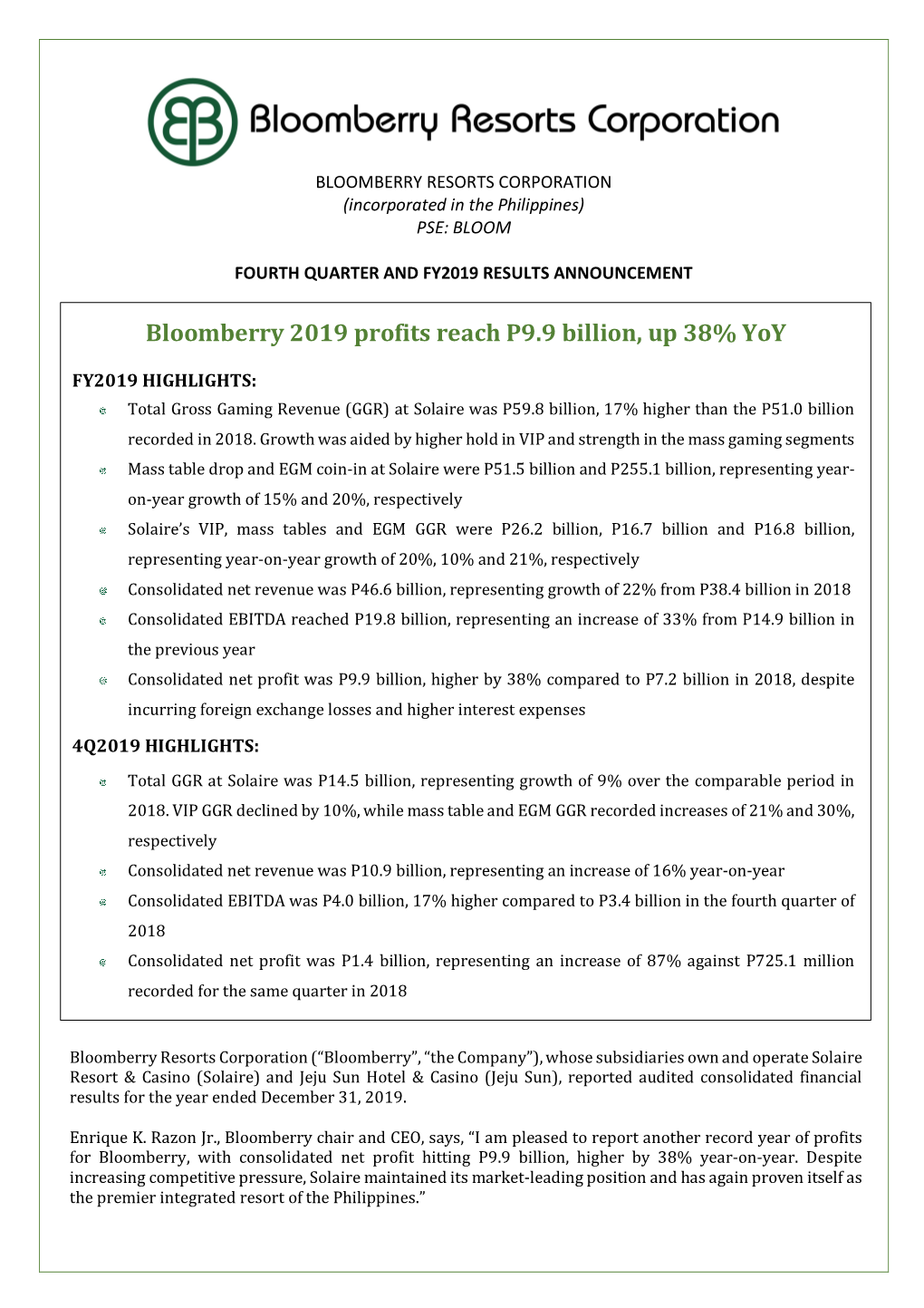 Bloomberry 2019 Profits Reach P9.9 Billion, up 38% Yoy