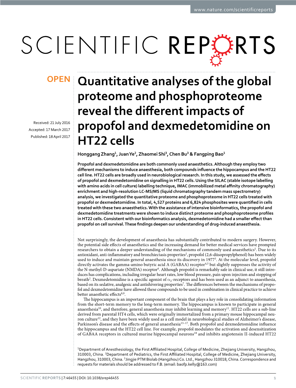 Quantitative Analyses of the Global Proteome and Phosphoproteome Reveal the Different Impacts of Propofol and Dexmedetomidine on HT22 Cells