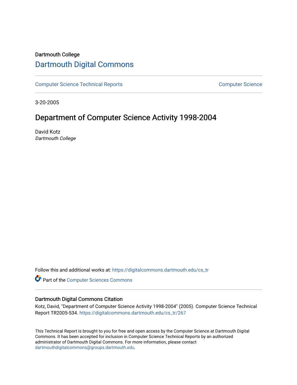 Department of Computer Science Activity 1998-2004