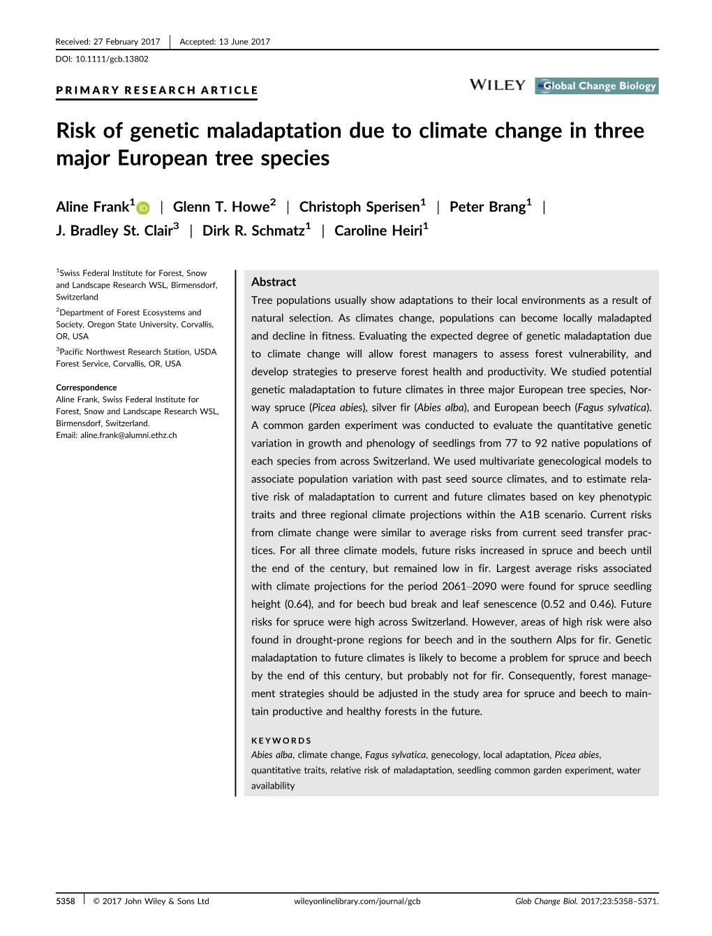 Risk of Genetic Maladaptation Due to Climate Change in Three Major European Tree Species