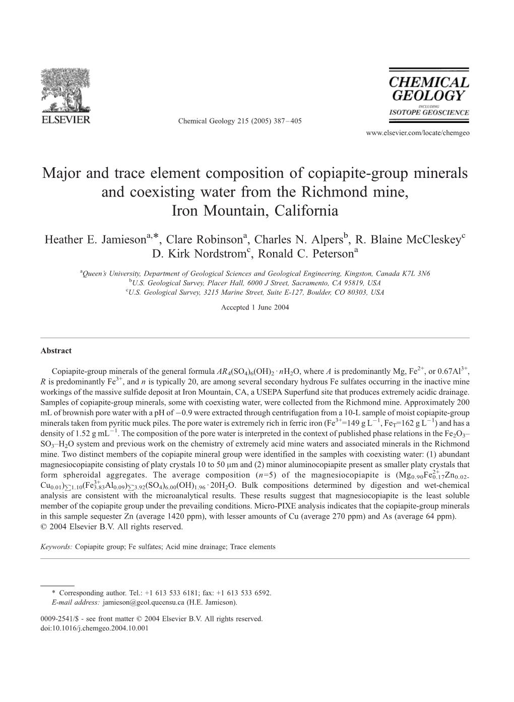 Major and Trace Element Composition of Copiapite-Group Minerals and Coexisting Water from the Richmond Mine, Iron Mountain, California