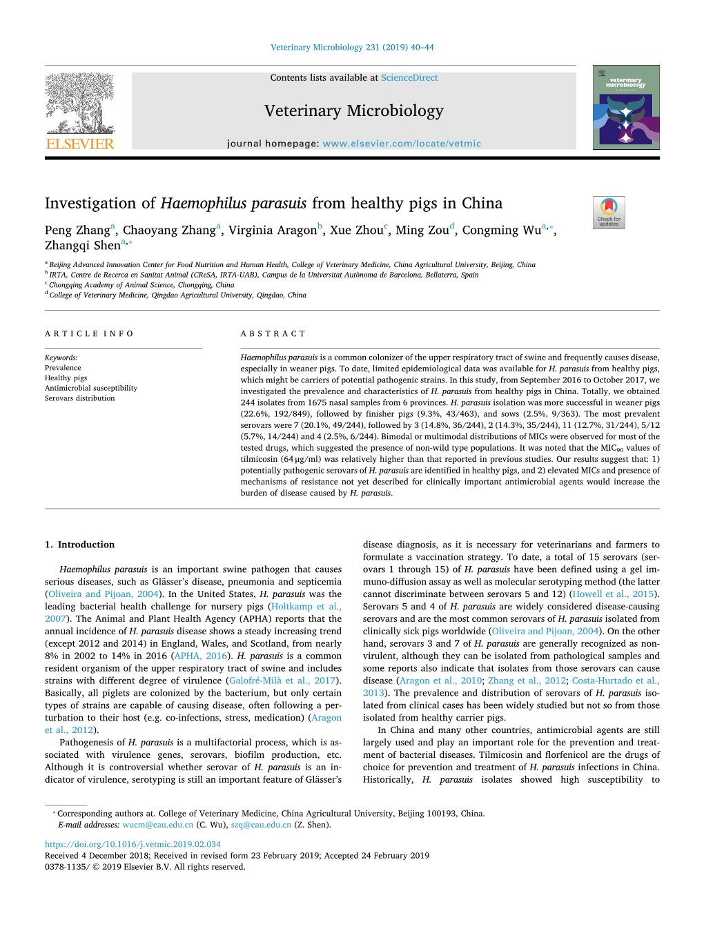 Investigation of Haemophilus Parasuis from Healthy Pigs in China