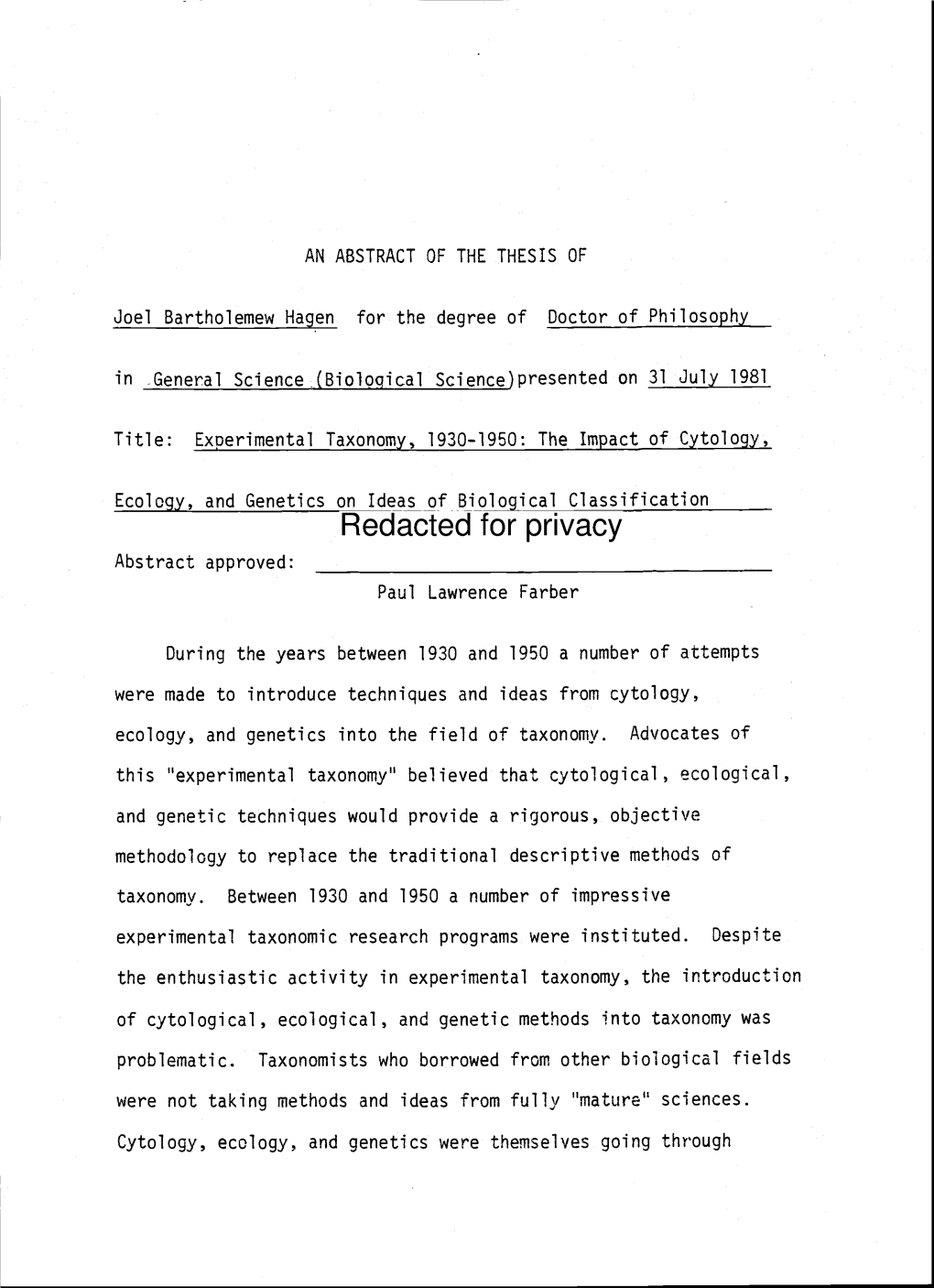 Experimental Taxonomy, 1930-1950: the Impact of Cytology