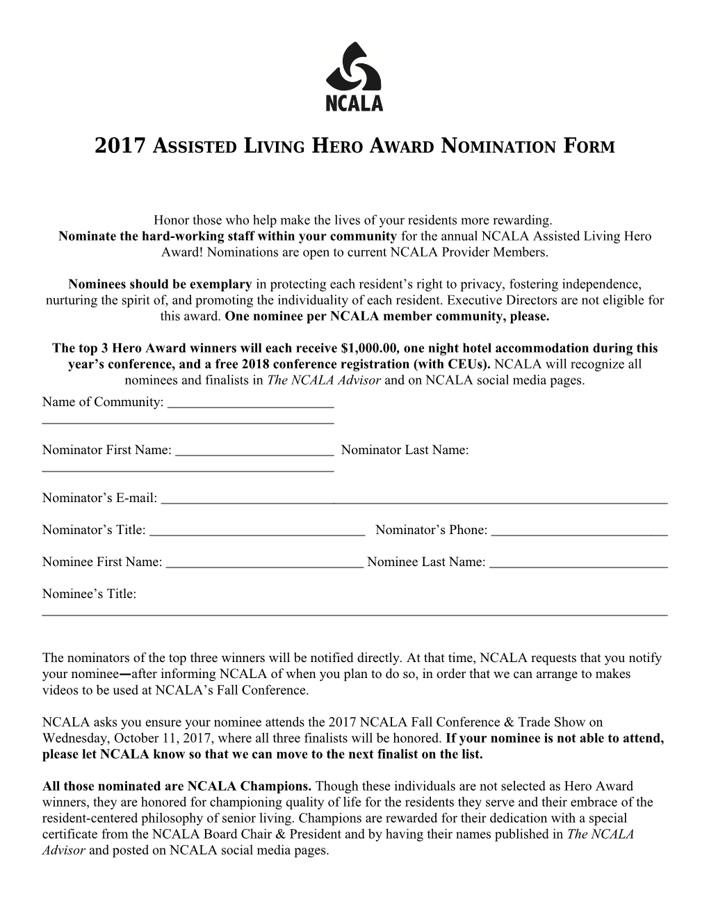 2017 Assisted Living Hero Award Nomination Form