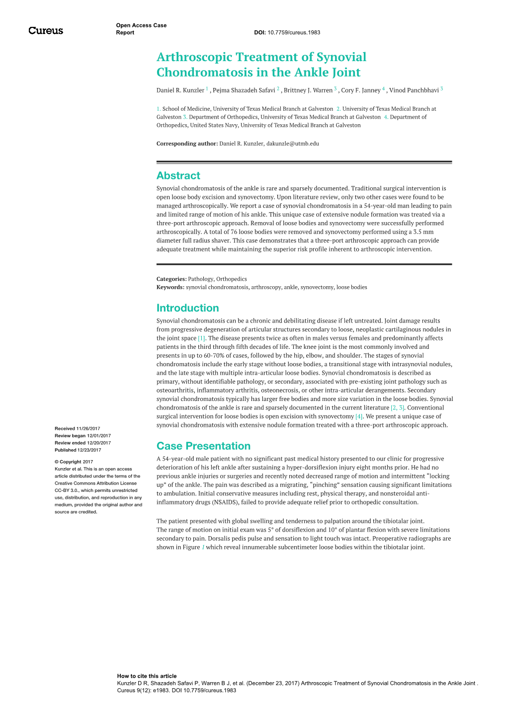 Arthroscopic Treatment of Synovial Chondromatosis in the Ankle Joint