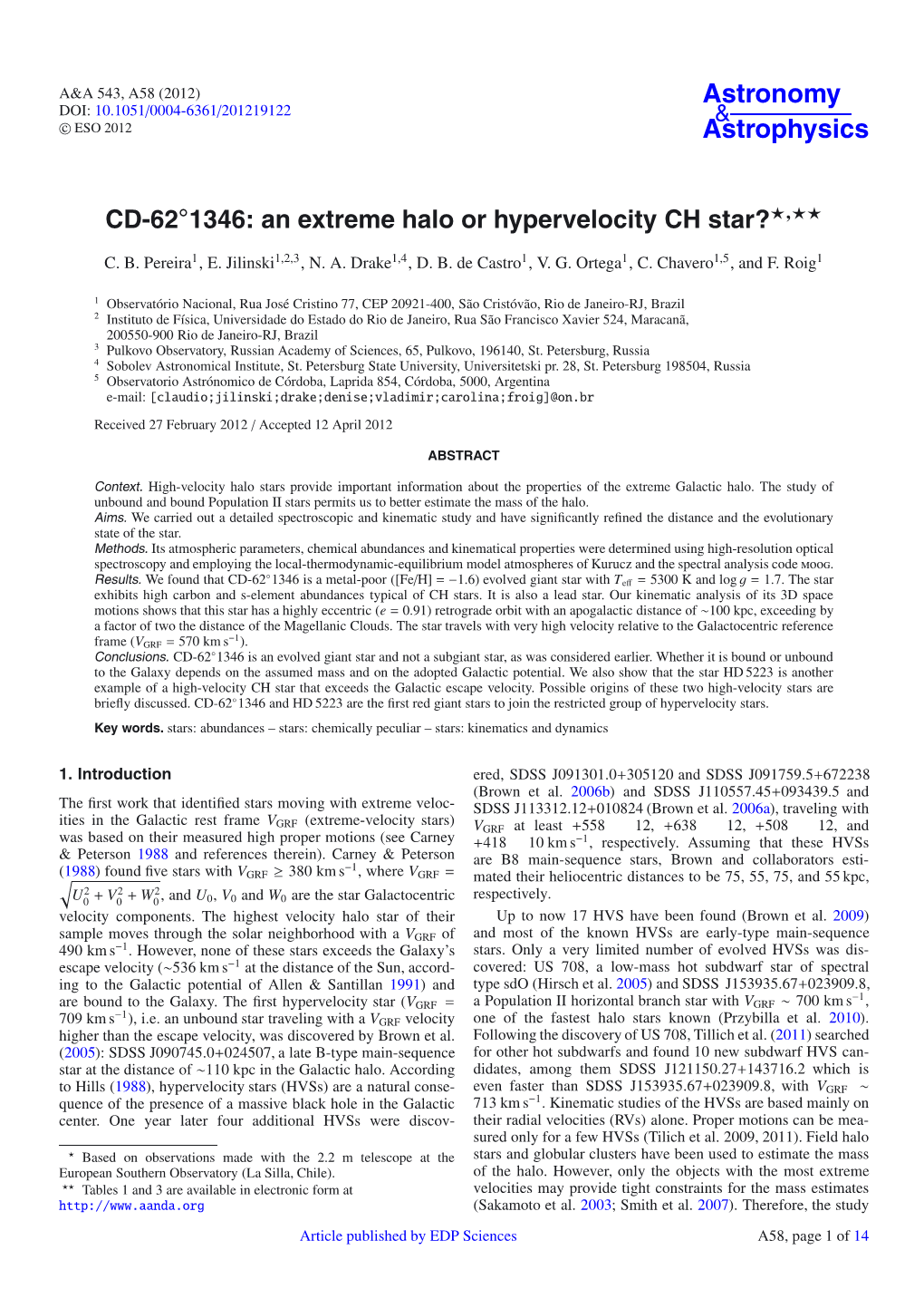 CD-62°1346: an Extreme Halo Or Hypervelocity CH Star?⋆⋆⋆