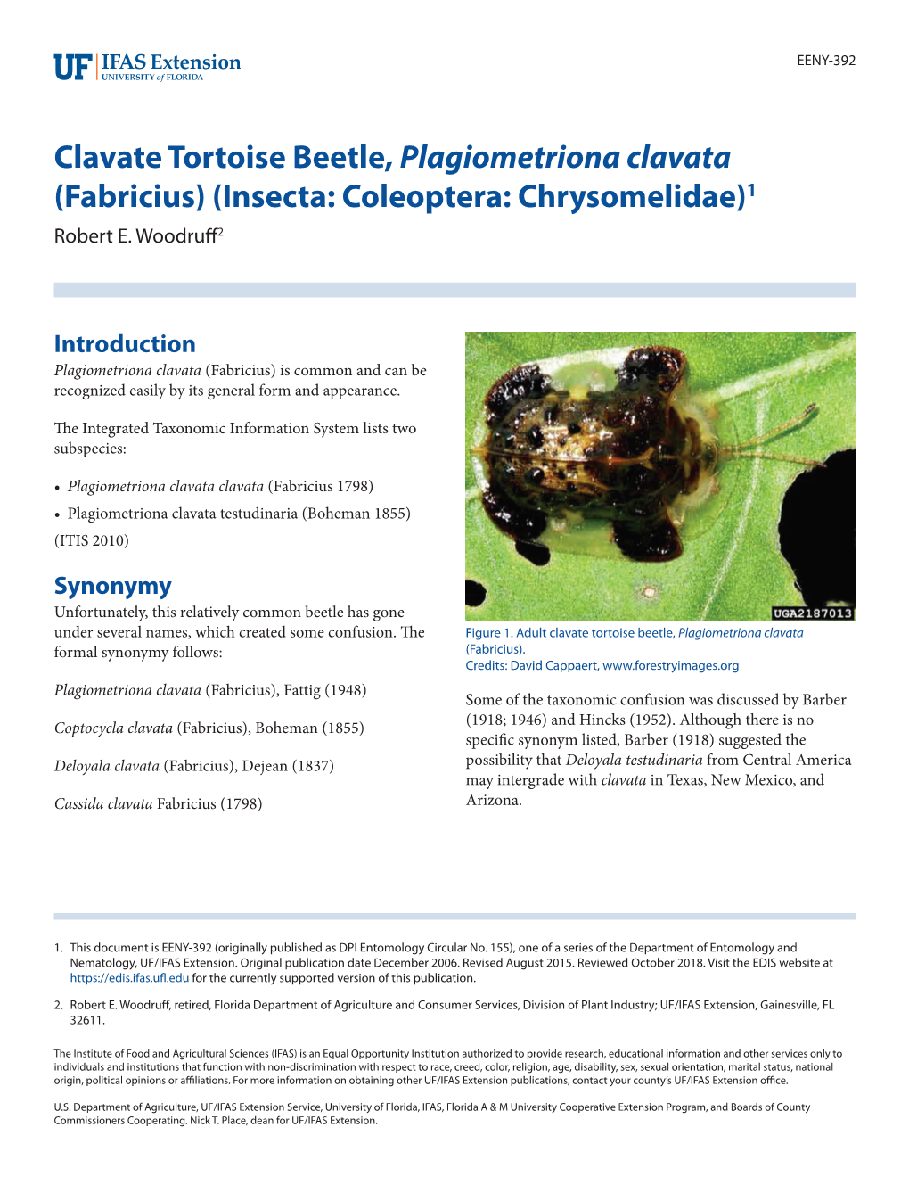 Clavate Tortoise Beetle, Plagiometriona Clavata (Fabricius) (Insecta: Coleoptera: Chrysomelidae)1 Robert E
