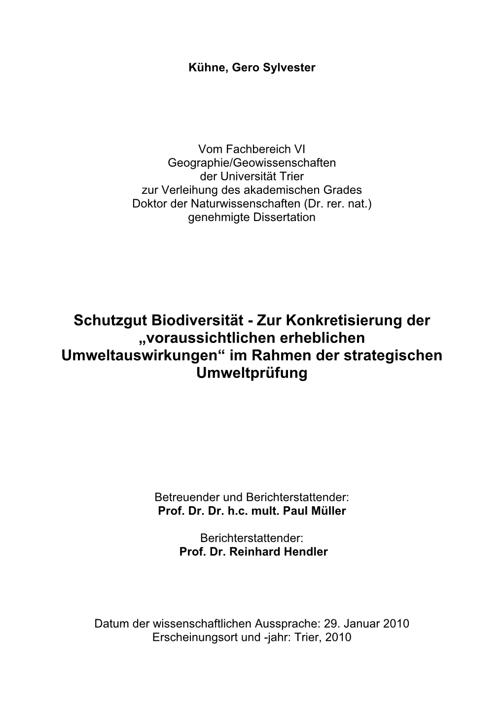 Schutzgut Biodiversität - Zur Konkretisierung Der „Voraussichtlichen Erheblichen Umweltauswirkungen“ Im Rahmen Der Strategischen Umweltprüfung