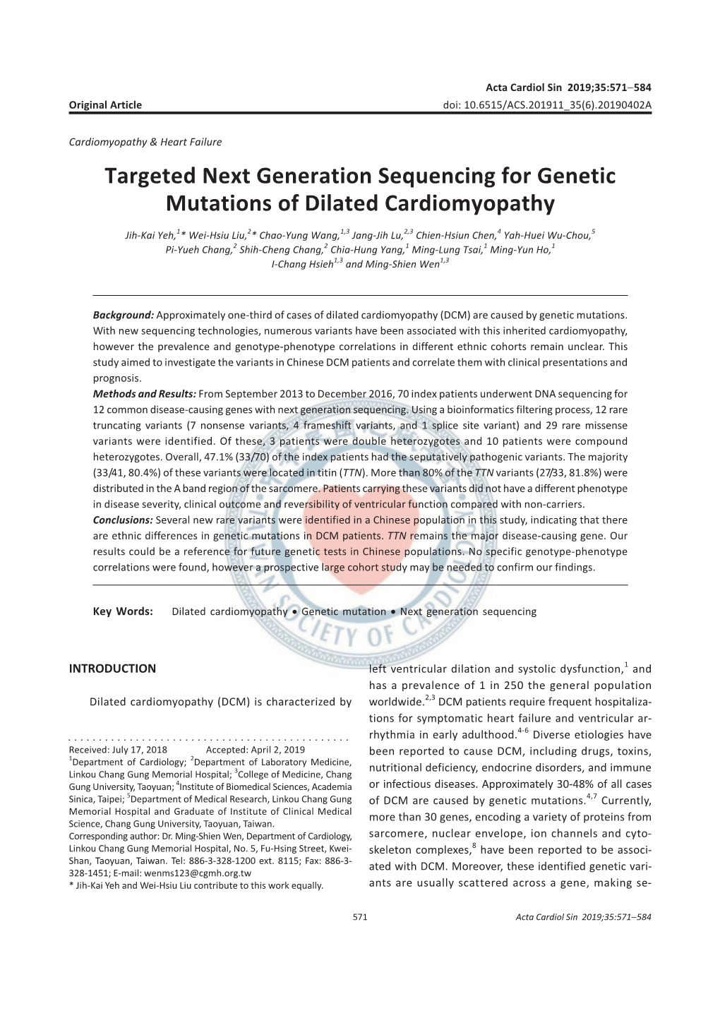 Targeted Next Generation Sequencing for Genetic Mutations of Dilated Cardiomyopathy