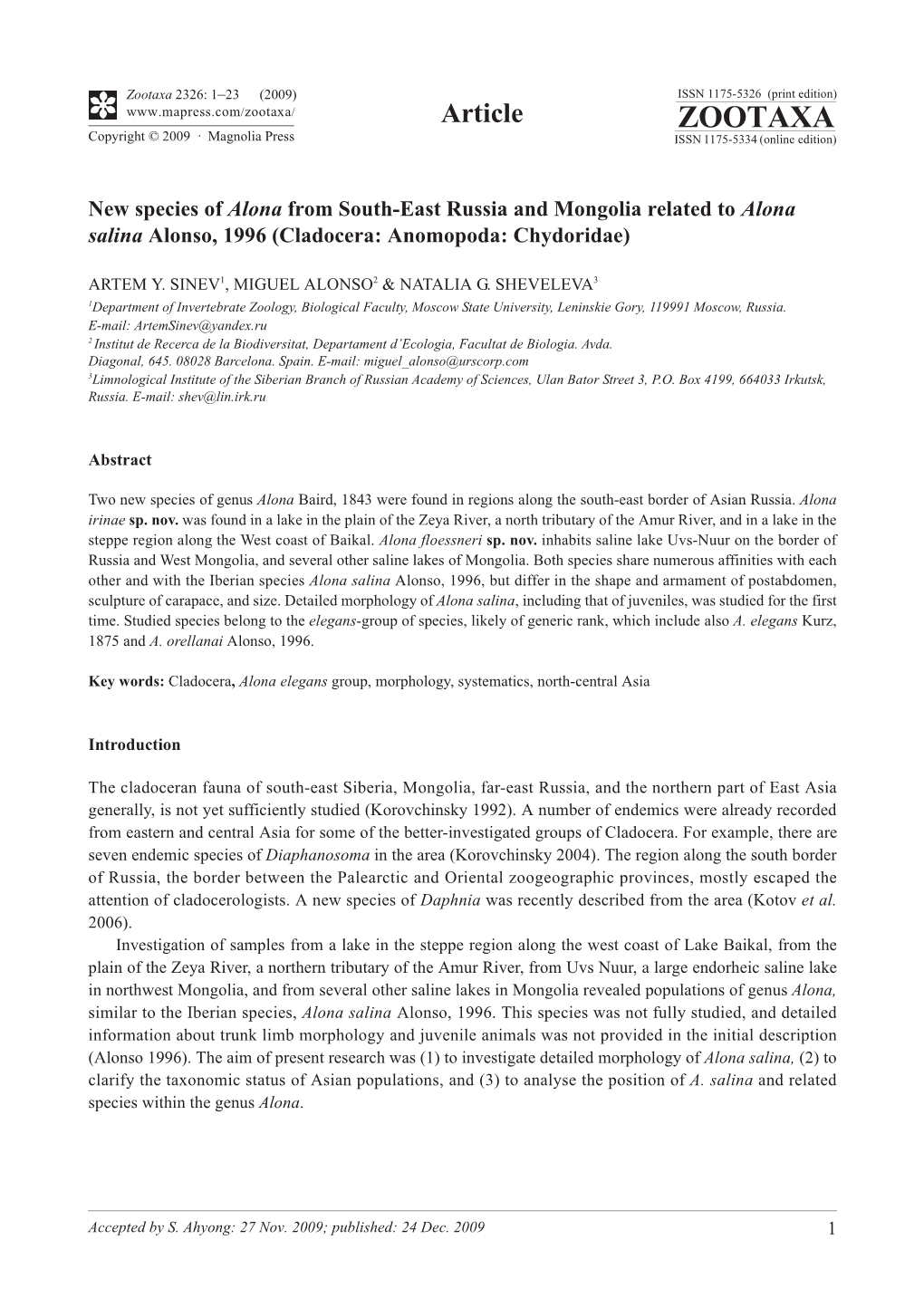 Zootaxa, New Species of Alona from South-East Russia and Mongolia