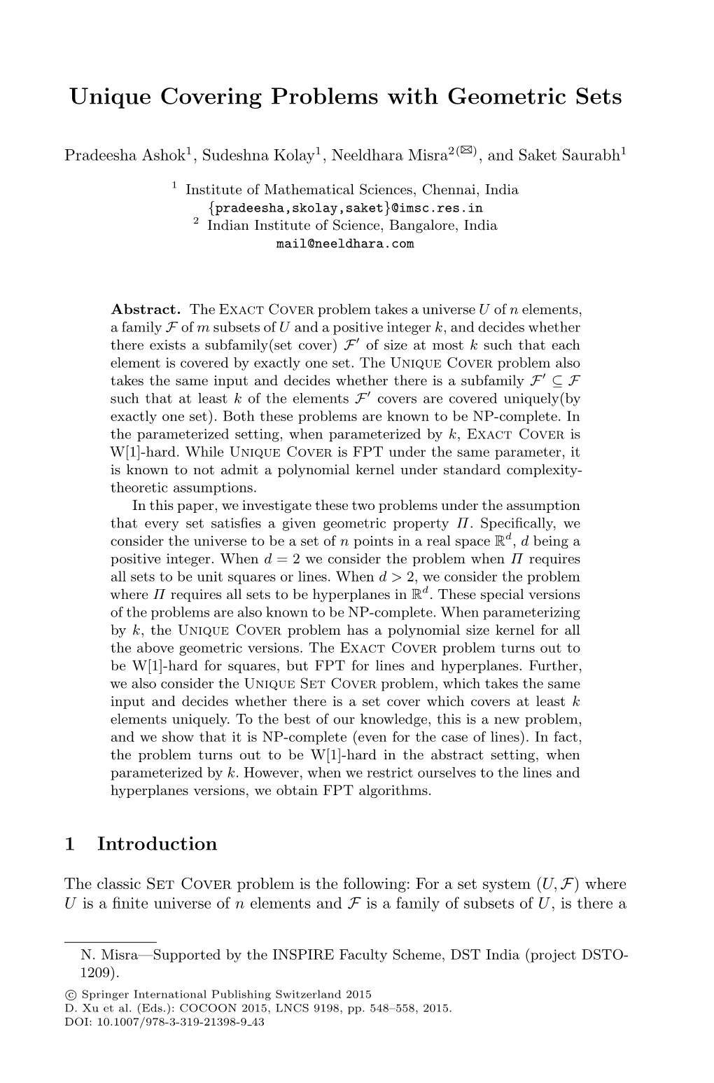 Unique Covering Problems with Geometric Sets