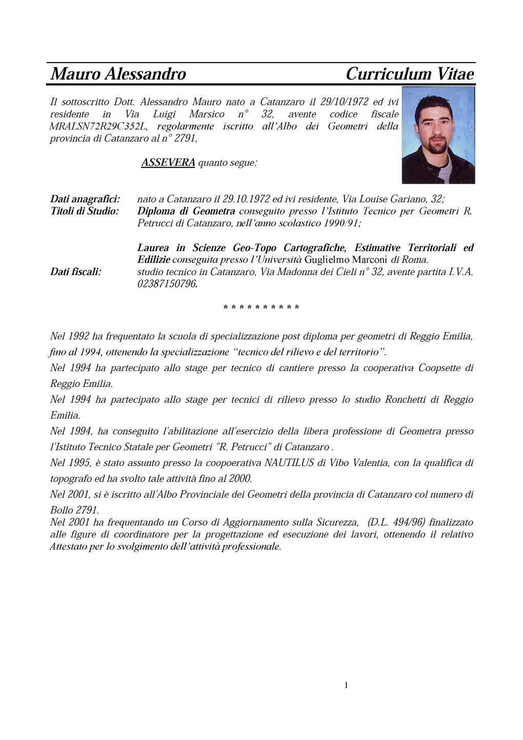 Mauro Alessandro Curriculum Vitae Il Sottoscritto Dott