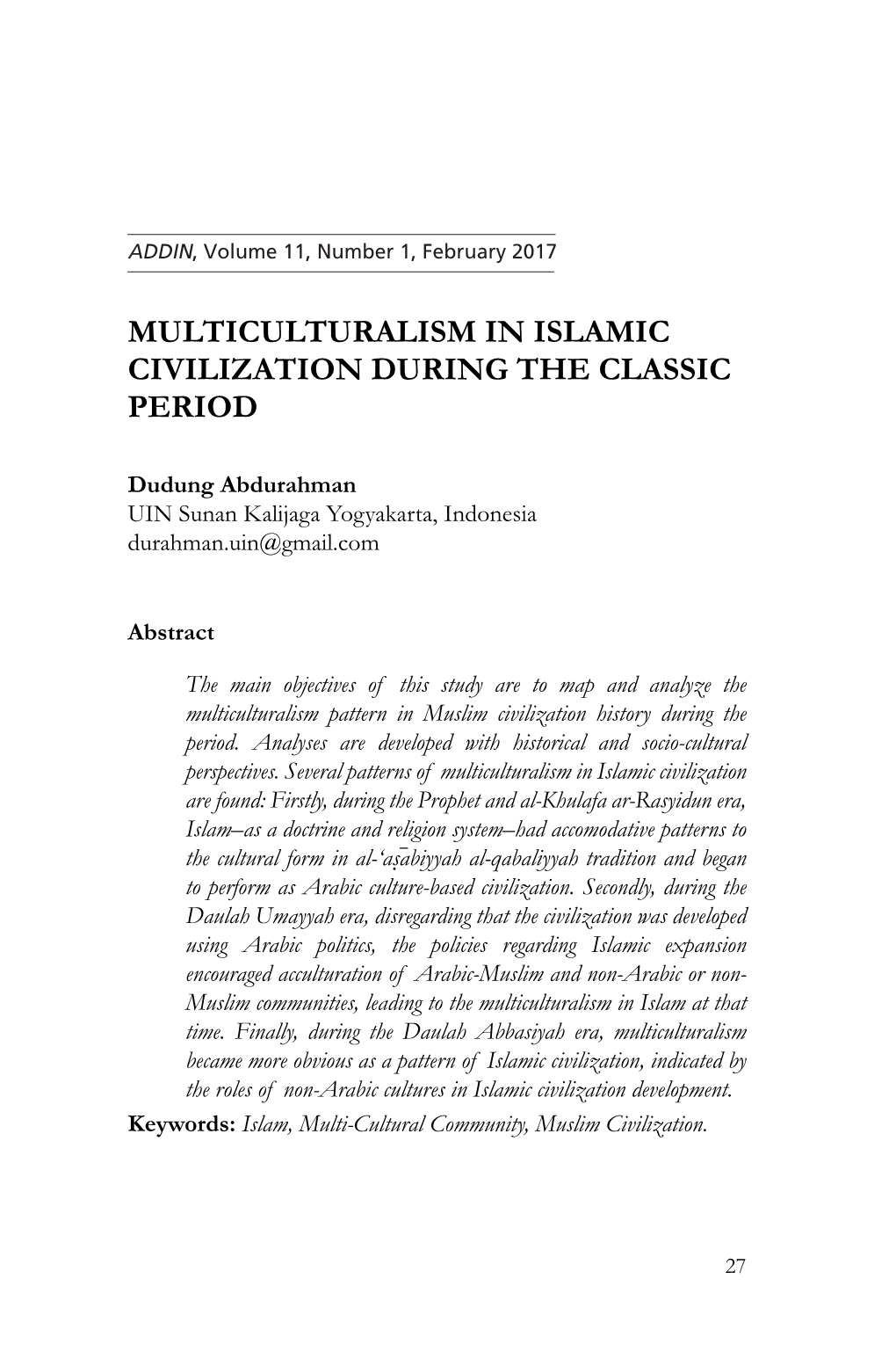 Multiculturalism in Islamic Civilization During the Classic Period