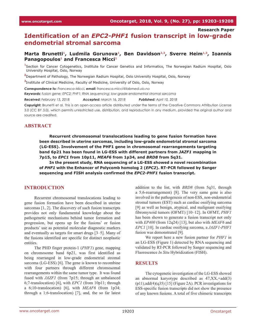 Identification of an EPC2-PHF1 Fusion Transcript in Low-Grade Endometrial Stromal Sarcoma