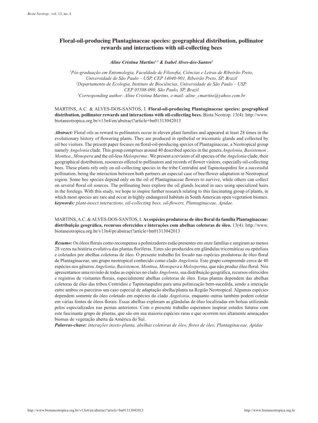 Floral-Oil-Producing Plantaginaceae Species: Geographical Distribution, Pollinator Rewards and Interactions with Oil-Collecting Bees