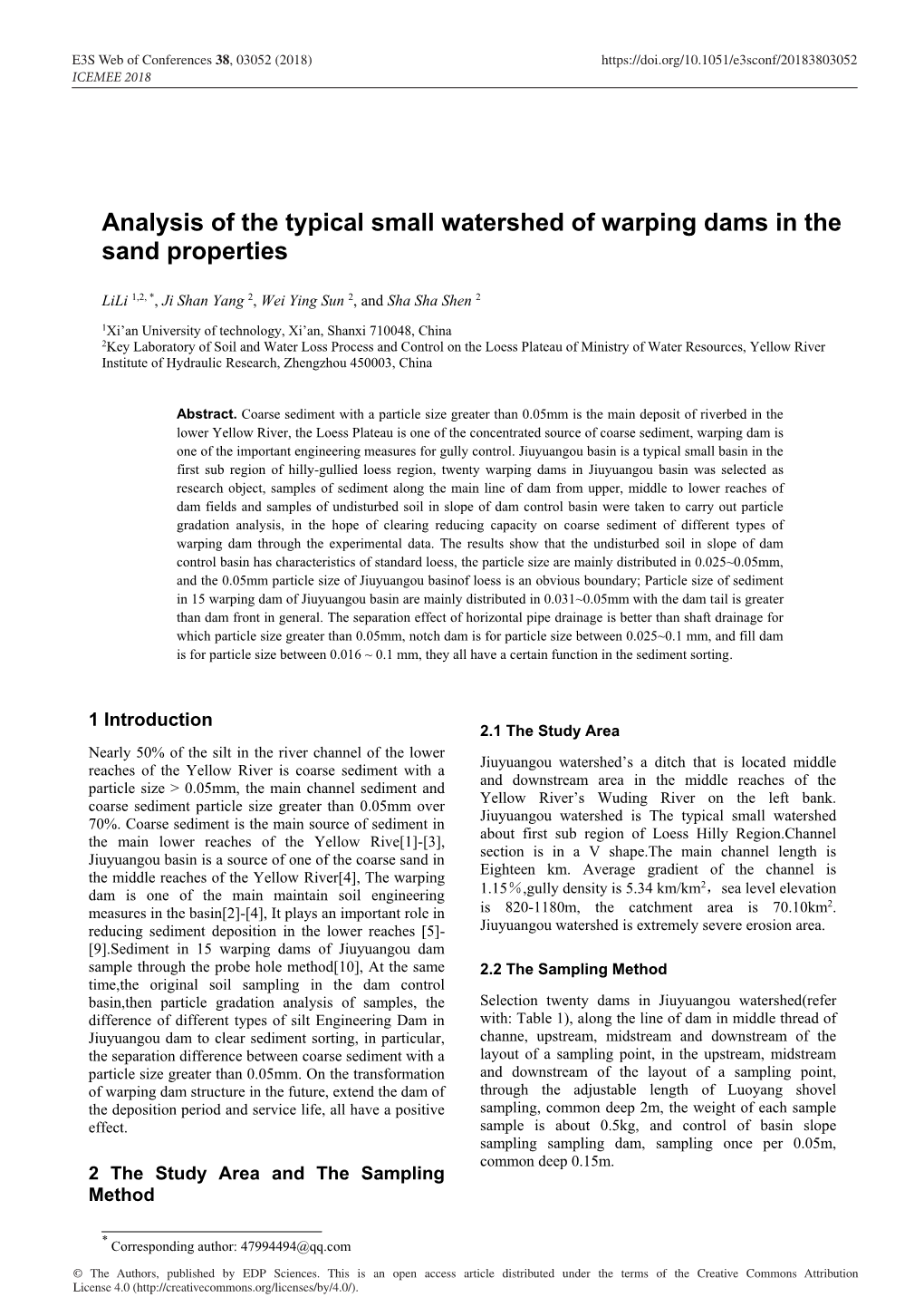 Analysis of the Typical Small Watershed of Warping Dams in the Sand Properties