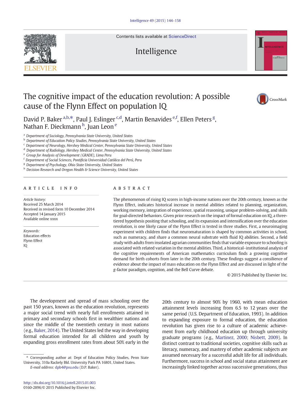 The Cognitive Impact of the Education Revolution: a Possible Cause of the Flynn Effect on Population IQ