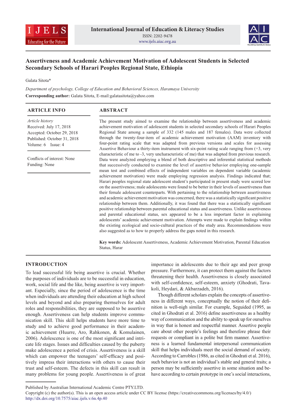 Assertiveness and Academic Achievement Motivation of Adolescent Students in Selected Secondary Schools of Harari Peoples Regional State, Ethiopia