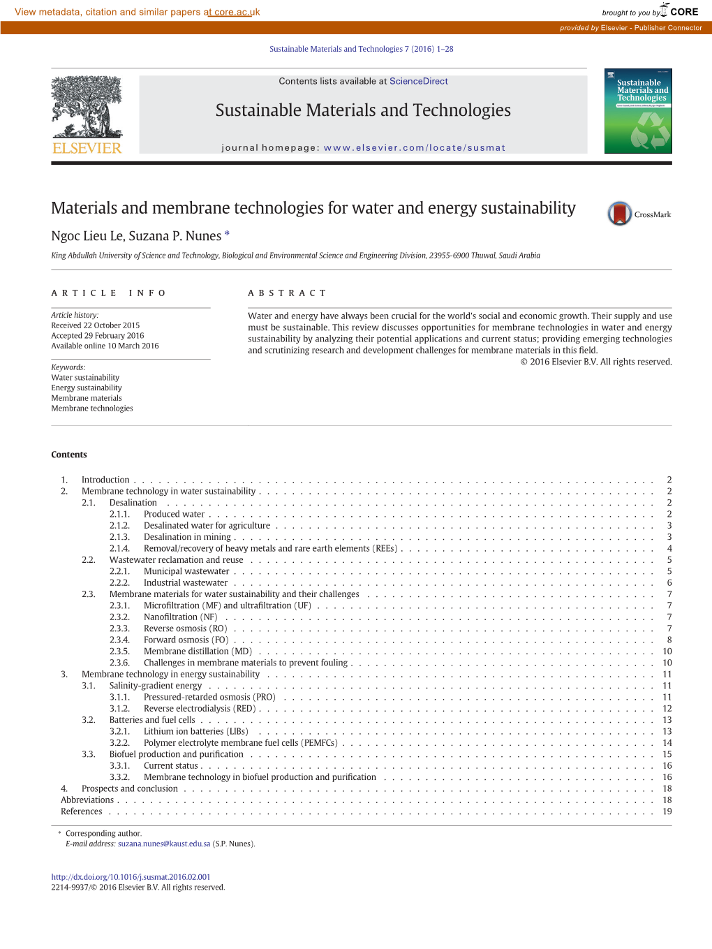 Materials and Membrane Technologies for Water and Energy Sustainability