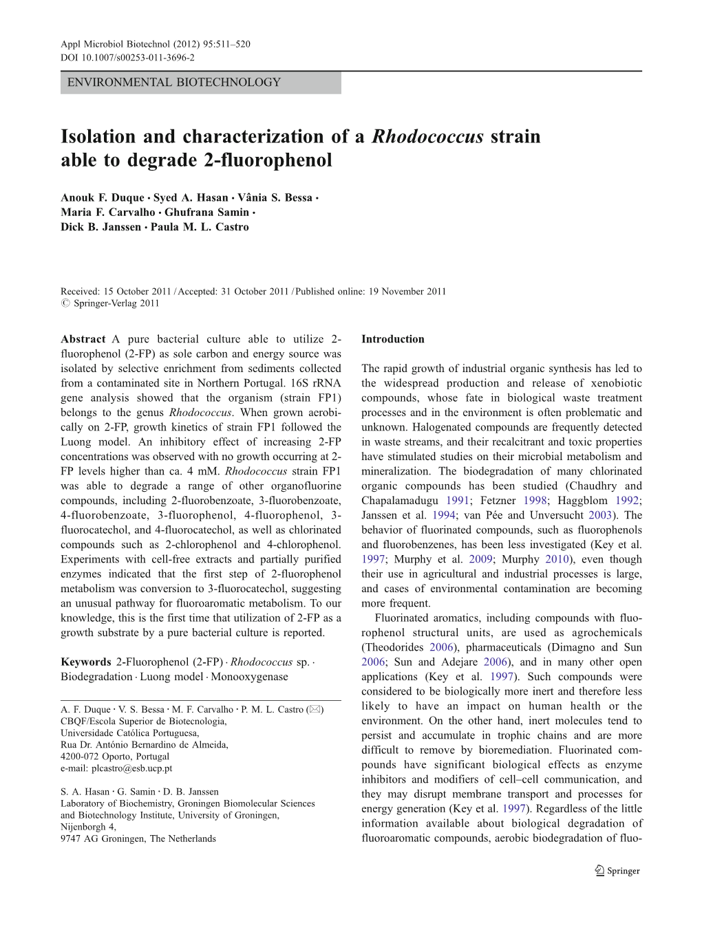 Isolation and Characterization of a Rhodococcus Strain Able to Degrade 2-Fluorophenol