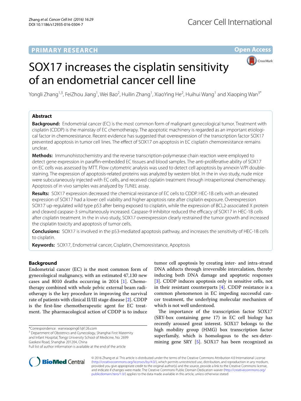 SOX17 Increases the Cisplatin Sensitivity of an Endometrial Cancer