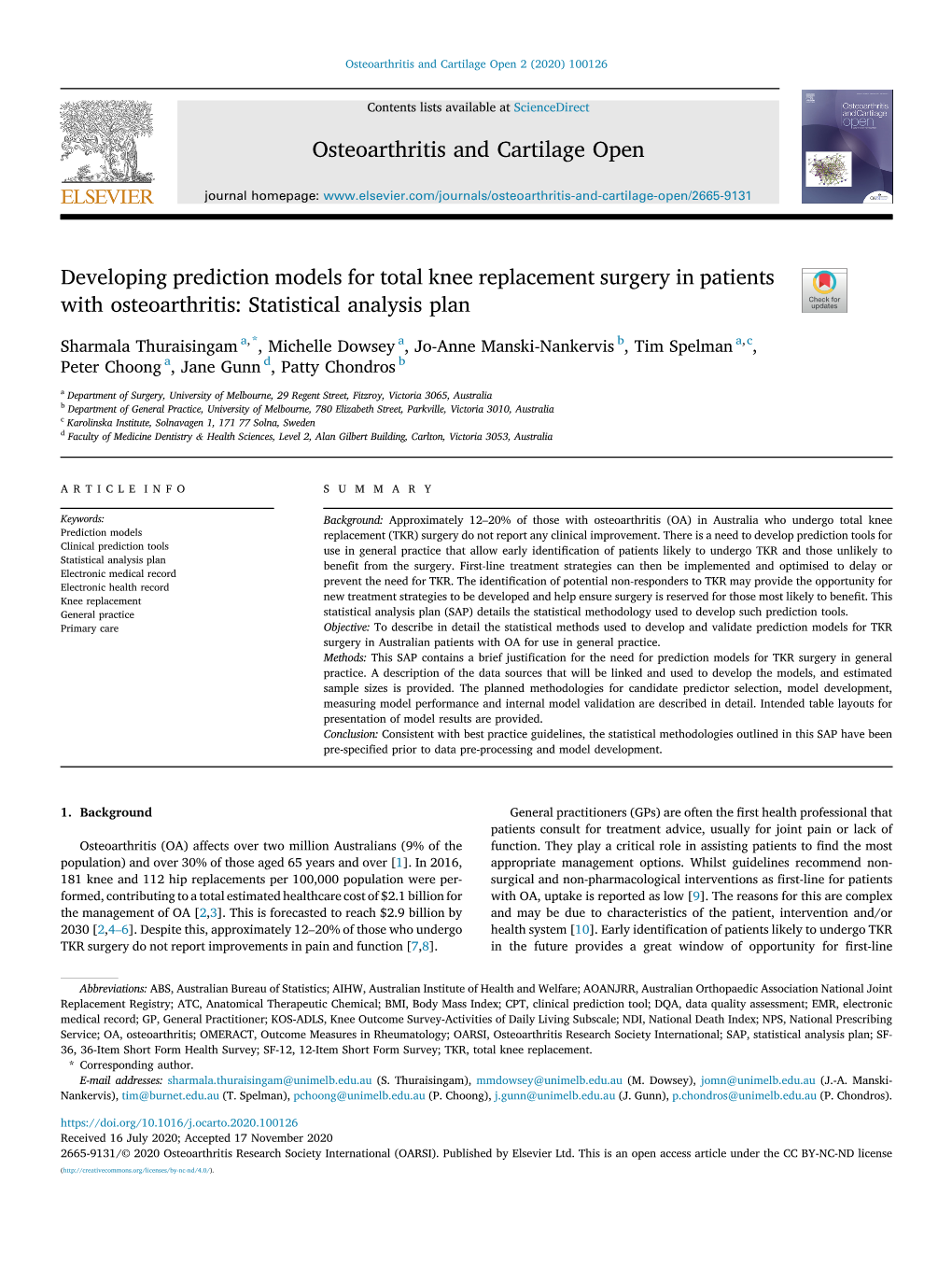 Developing Prediction Models for Total Knee Replacement Surgery in Patients with Osteoarthritis: Statistical Analysis Plan