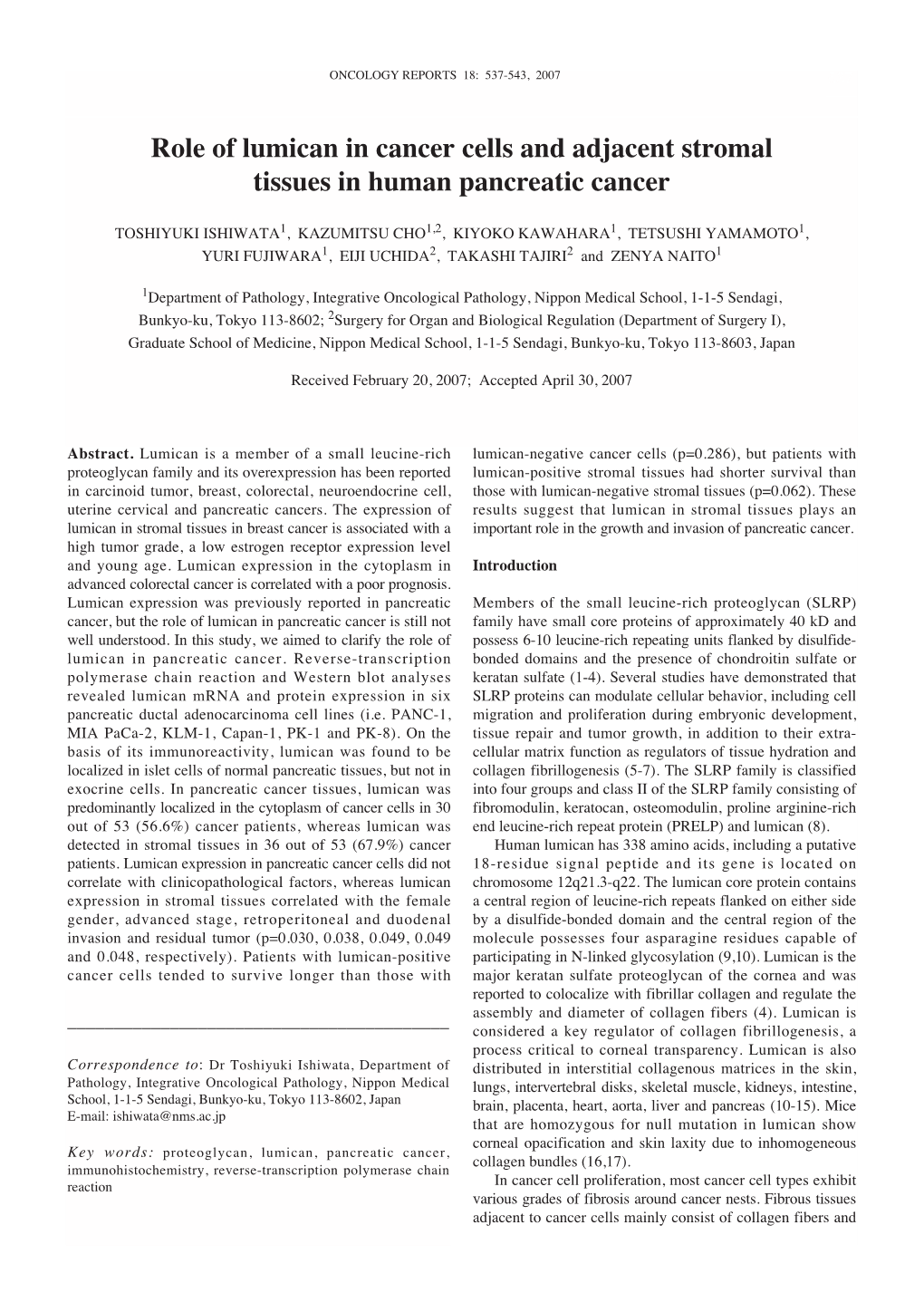 Role of Lumican in Cancer Cells and Adjacent Stromal Tissues in Human Pancreatic Cancer