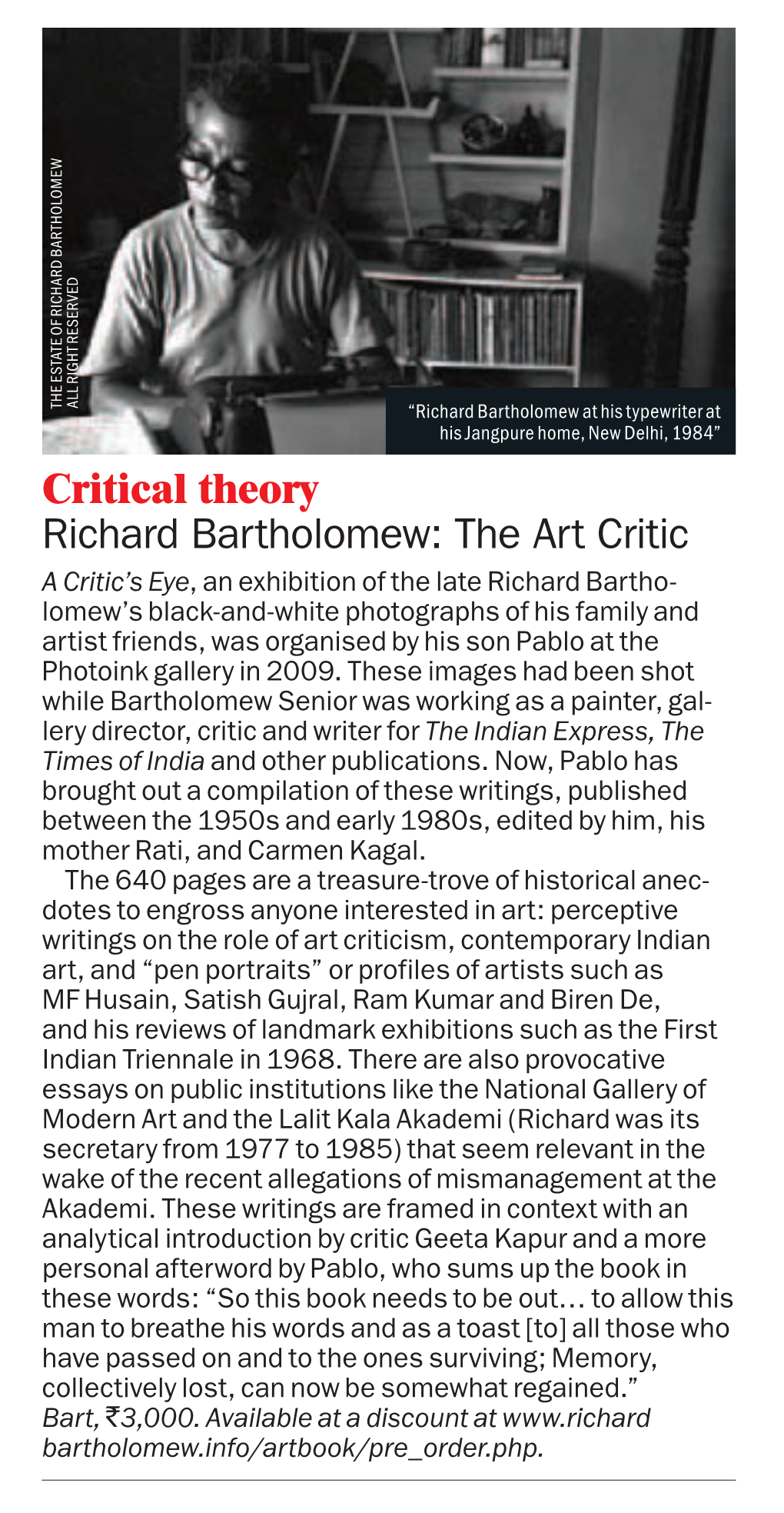 Critical Theory Richard Bartholomew: the Art Critic