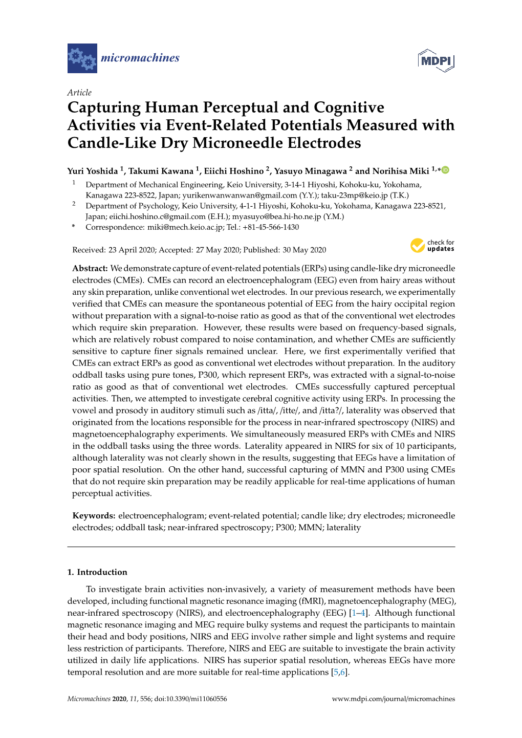 Capturing Human Perceptual and Cognitive Activities Via Event-Related Potentials Measured with Candle-Like Dry Microneedle Electrodes