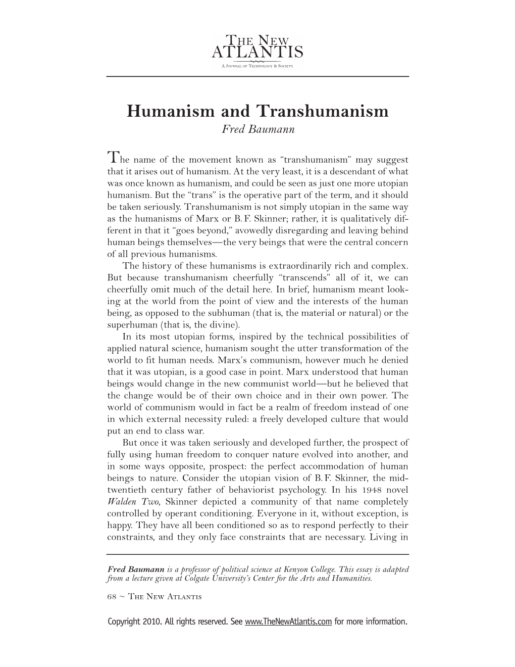 Humanism and Transhumanism Fred Baumann