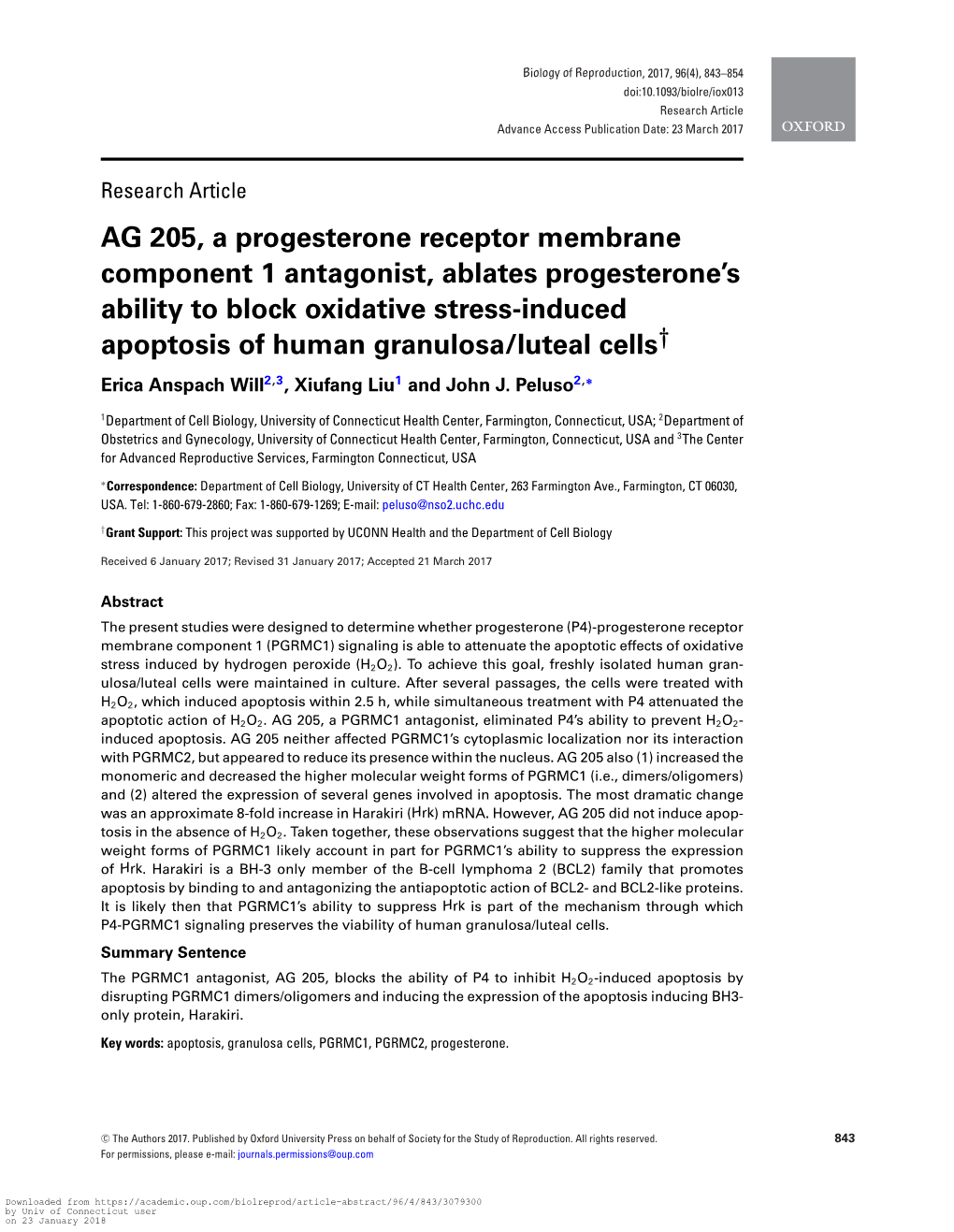 AG 205, a Progesterone Receptor Membrane Component 1 Antagonist, Ablates Progesterone's Ability to Block Oxidative Stress-Indu