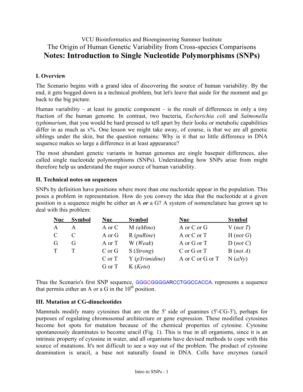 Notes: Introduction to Single Nucleotide Polymorphisms (Snps)