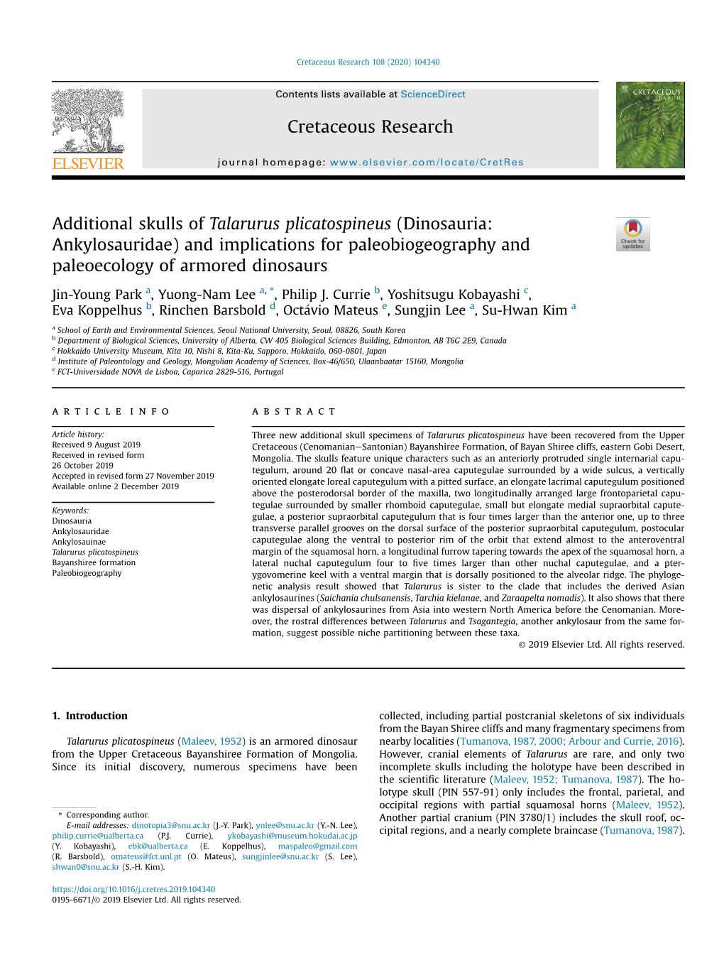 Additional Skulls of Talarurus Plicatospineus (Dinosauria: Ankylosauridae) and Implications for Paleobiogeography and Paleoecology of Armored Dinosaurs