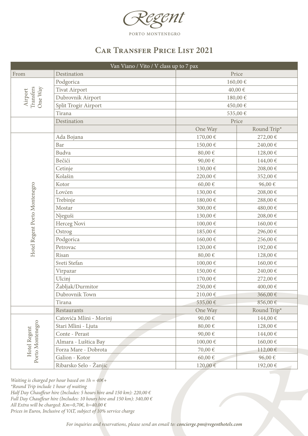 Car Transfer Price List 2021