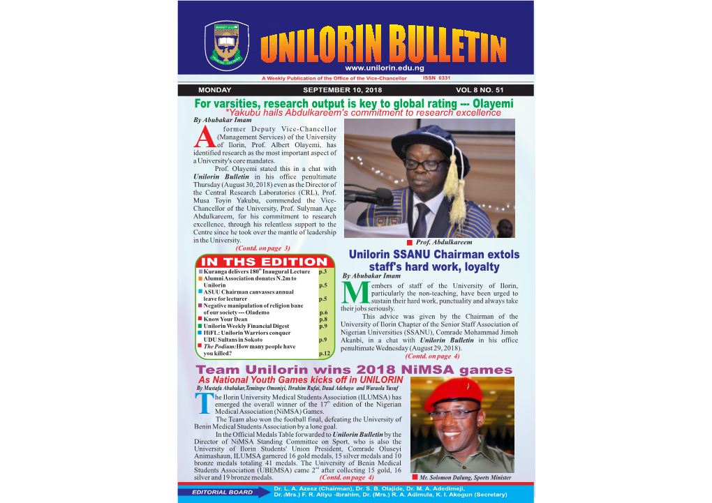 Unilorin.Edu.Ng a Weekly Publication of the Office of the Vice-Chancellor ISSN 0331 MONDAY SEPTEMBER 10, 2018 VOL 8 NO